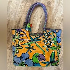 SALLY HUSS Art Print Colorful Parrots Birds Beach Bag Tote Large With Charms